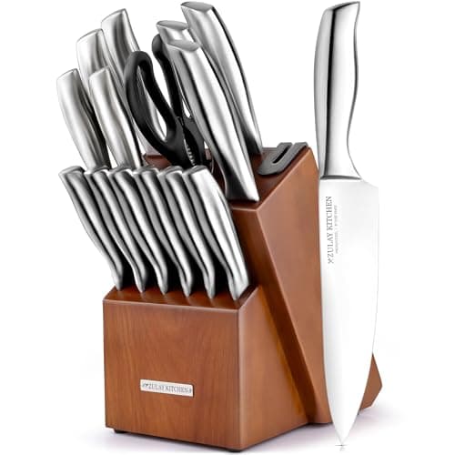 Zulay 15 Piece Stainless Steel Knife Set with Block and Sharpener - Sharp Knife Block Set with Built In Sharpener - Kitchen Knife Set With Block - Rust Proof Knife Set Stainless Steel