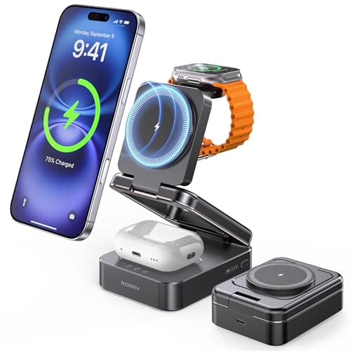RORRY 3 in 1 Charging Station for Apple, 10000mAh Foldable Portable Charger Power Bank for Magsafe, Travel Wireless Charging Station for iPhone 17/16/15/14/13/12, Apple Watch & Earphone