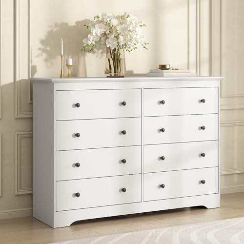 BAZELOR White Dresser for Bedroom, 8 Drawer Dresser with Large Drawers, 55 Inch Wide Wood Chest for Living Room, Hallway