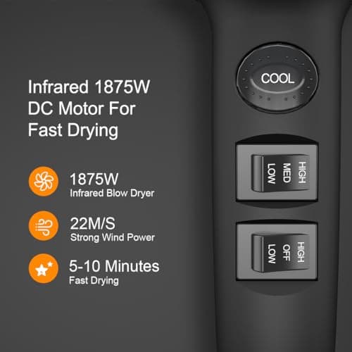 Hair Dryer - 1875W Negative Ionic Blow Dryer for Fast Drying, Low Noise Thermo-Control Hair Dryer with Nozzle, Black 8