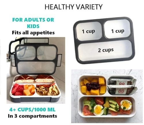 Bento Lunch Box For Adults, Kids | Leakproof Meal Prep Portion Control Boxes Japanese Style for Boys Teens 3 Compartment Slim Container For Work, School | Eco-friendly Divided Containers, Grey - Black 5