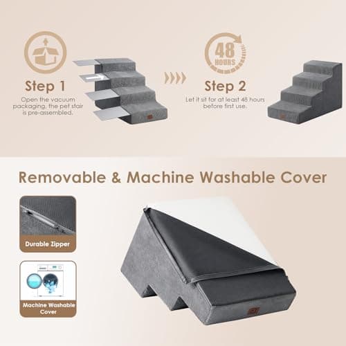 EHEYCIGA Dog Stairs Ramp for Small Medium Dogs, Dog Steps for High Bed and Couch, 3/4/5 Extra Wide Pet Stair Step for Cats (Grey, Slope 29" x 15.7" x 19.7", 4) 6