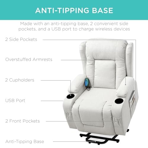 Best Choice Products Modern Linen Electric Power Lift Chair, Recliner Massage Chair, Adjustable Furniture for Back, Legs w/ 3 Positions, USB Port, Heat, Cupholders, Easy-to-Reach Button - Ivory 6
