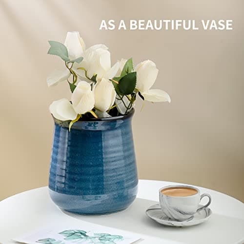 HASENSE Large Utensil Holder Crock for Kitchen Counter, 7.1" Ceramic Cooking Utensil Organizer for Countertop, Farmhouse Vintage Utensil Caddy for Spatula Spoon, Rustic Home Table Decor, Blue 5