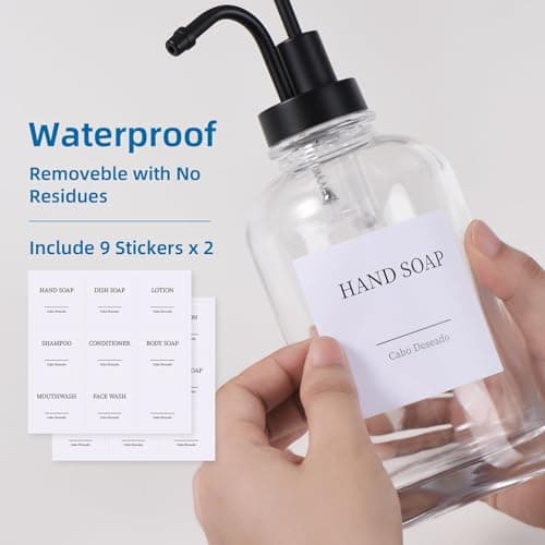 Glass Soap Dispenser with Pump, Dish and Hand Soap Dispenser for Kitchen Bathroom Set, Clear Glass Dispenser Set of 2 Pack with 18 Stickers Funnel Bamboo Tray 500ml 18oz / Each Bottle Sliver Pump 5