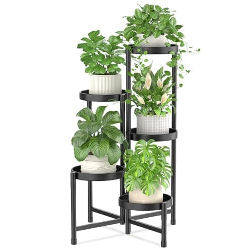 iDavosic.ly Plant Stand Indoor Outdoor, 5 Tier Corner Metal Flower Display Holder Shelf, Easy Assembly Folding Tall Orchid Rack for Patio Balcony Porch Garden Living Room House, Black