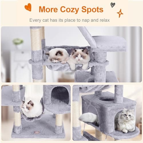 Heybly Cat Tree, 73 inches Tall Cat Tower for Large Cats 20 lbs Heavy Duty for Indoor Cats,Big Cat Furniture Condo for with Padded Plush Perch, Cozy Basket and Scratching Posts Light Gray HCT030W 7