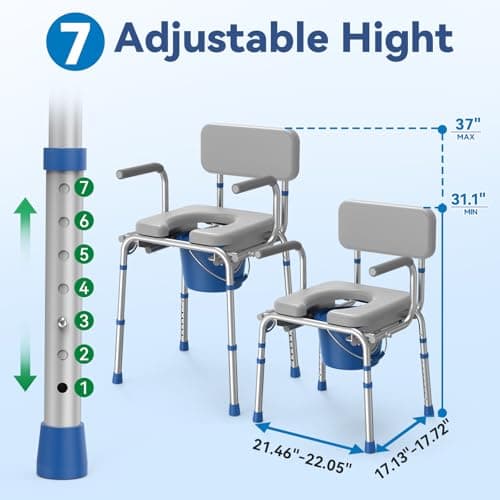 Loyoda Drop Arm Bedside Commode, Commode with Padded Seat and Backrest, 500lbs Capacity, 5.81QT Removable Bucket, Adjustable Height Portable Toilet for Adults, Gray 5
