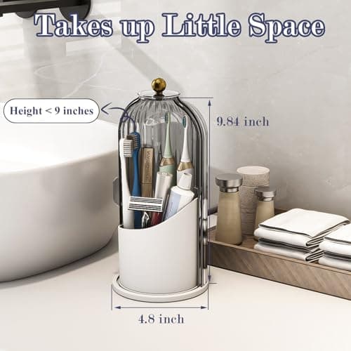 Zufudo Dustproof Toothbrush Holders with Cover, Rotating Electric Toothbrush and Toothpaste Holder for Bathroom Countertop, 3 Slots Makeup Brushes Organizer, Grey White 6