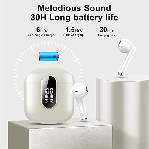 Wireless Earbuds 2024 Bluetooth 5.3 Headphones with HD Mic HiFi Stereo Sound, Wireless Earphones with Dual LED Display Touch Control, IPX7 Waterproof 30H Playtime Mini Ear Buds for iOS Android, White 5