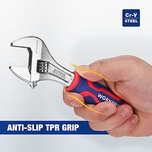 WORKPRO 6-inch Adjustable Wrench, Wide Jaw Opening Wrench with Rubber Anti-slip grip, Metric/SAE Scales, Premium Cr-V Steel, Chrome Plated 6