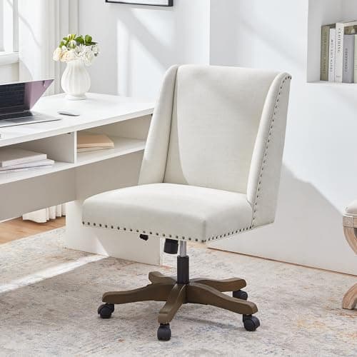 Zihanhome Armless Upholstered Office Chair with Wooden Legs, Modern Criss Cross Adjustable Home Office Desk Chair No Arms Sewing Chair Swivel Chair for Women Farmhouse Study Studio (Beige)