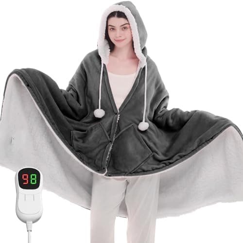 JKMAX Heated Electric Blanket Shawl - Wearable Heating Blanket Heated Throw Blanket - Heated Hoodie Poncho Wearable Flannel Wrap with 10-Level Heating Auto-Off for Adults (40''x70'', Grey)