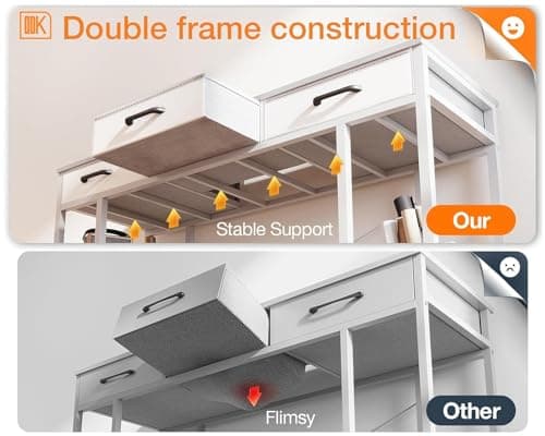 ODK Office Small Computer Desk: Home Table with Fabric Drawers & Storage Shelves, Modern Writing Desk, White, 48"x16" 5