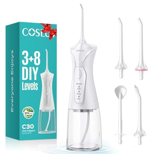 COSLUS Water Dental Flosser Pick for Teeth C30(FC5360): 4 Modes Cordless Portable 300ML Larger Tank Water Teeth Cleaner IPX7 Waterproof Flossing Cleaning Picks for Home Travel White