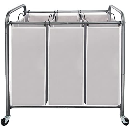 STO STO Laundry Sorter 3 Section, 3 Bag Clothes Hamper, Rolling Laundry Cart Basket with Heavy Duty Lockable Wheels and Removable Bag for Laundry Room, Bedroom, Closet, Gray