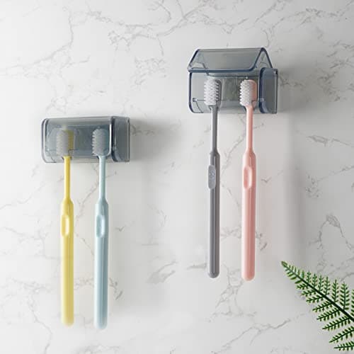 2 PCS Toothbrush Holder Wall Mounted with Cover for Bathroom, 2 Slots Toothbrush Storage Organizer for Shower, Self Adhesive Toothbrush Hanger Rack for Dorm, Cabinet (Grey)