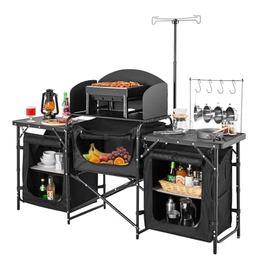 VEVOR Camping Kitchen Table, Outdoor Camp Cooking Table, Aluminum Portable Cook Station with 3 Storage Cupboard, Carrying Bag, Detachable Windscreen, Quick Set-up for BBQ Party Picnic RV Travel, Black 10