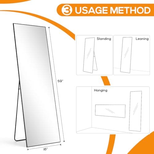 Aidoly Mirror Full Length, Upgraded 16"x59" Body Wall Mirrors with Shatter-Proof Glass, Floor Standing, Hanging or Leaning, Tall Mirror with Stand Aluminum Alloy Frame for Bedroom Cloakroom 7