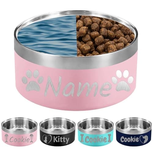 Personalized Dog Bowl Laser Engraved Custom Pet Name 18/32/42/64 oz No Slip Stainless Steel Insulated Bite-Resistant Food Water Dishes-Pink