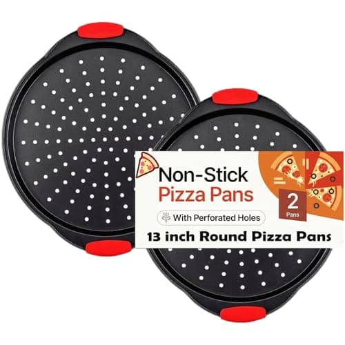 ZOEHROWS 13 Inch Pizza Pan for Oven (2 Pack) Round Pizza Pan with Holes - Non-Stick Carbon Steel Pizza Tray with Silicone Handles - for Cooking, Baking, and Grilling - Dishwasher Safe