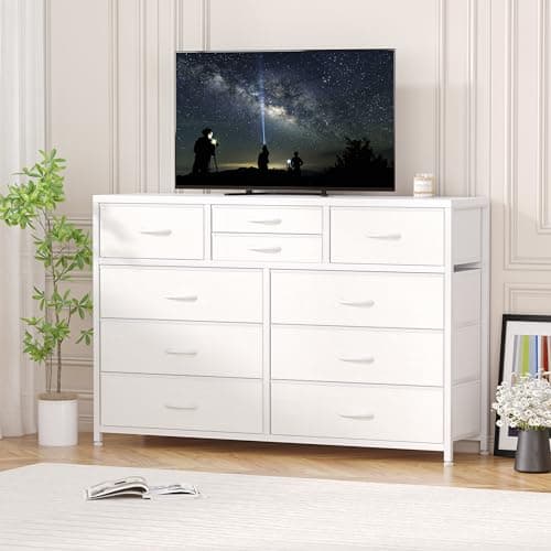 Jojoka Wide 10 Drawer Dresser,TV Stand Entertainment Center Fabric Storage Dressers Drawers for Bedroom, Hallway, Nursery, Closets, Steel Frame, Wood Top (White)