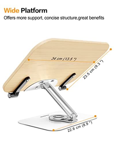 Amasrich Book Stand for Reading, Adjustable Holder with 360° Rotating Base & Page Clips, Foldable Desktop Ricer for Cookbook,Sheet Music,Laptop,Recipe,Textbook,Hands Free,Wood,Aluminium 5