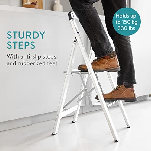 Navaris 2 Step Ladder - Aluminum Folding Step Stool for Adults - Slim Metal Step-Ladder with 2 Anti-Slip Steps & Rubberized Feet - Max Load 330 lbs 5