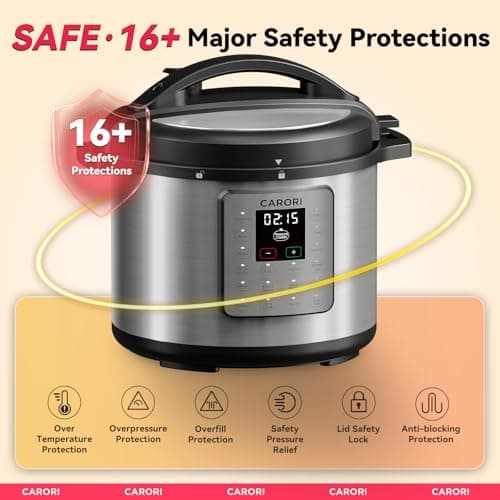 CARORI 1200W 12-in-1 Electric Pressure Cooker 8Qt, Stainless Steel Pressure Cooker, Slow Cook Rice Cooker Steamer Sauté, Yogurt Maker, Warmer & Sterilizer with Recipe, Safer Venting Design, Sliver 6