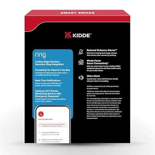 Kidde Smart Smoke Detector, Ring App Enabled for Real-Time Notifications, Hardwired Alarm, AA Backup Battery 16