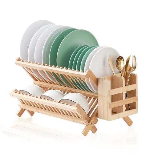 Worthyeah Bamboo Dish Drying Rack, 2 Tier Collapsible Dish Rack with Utensil Holder, Wooden Dish Drying Rack for Kitchen Counter, Large Folding Drying Holder, Dish Drainer 34 pcs Grid 9