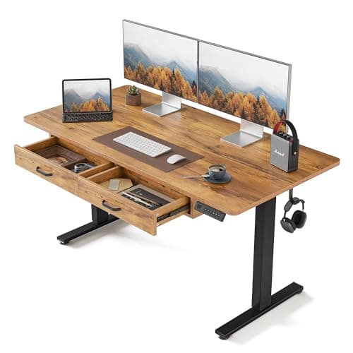 FEZIBO Adjustable Height Electric Standing Desk with Double Drawer, 55x 24 Inches Stand Up Home Office Desk with Splice Tabletop, Black Frame/Rustic Brown Top