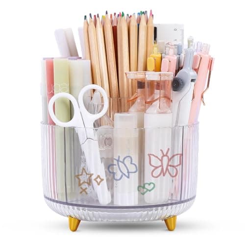 SKYDUE Rotating Pencil Pen Holder, Pen Organizer with 5 Slots - Aesthetic Desk Organizer and Accessories for School, Home, Office Supplies, Clear