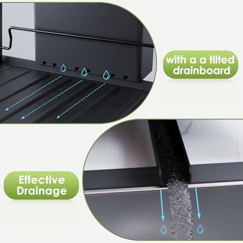 Dish Drying Rack, Dish Rack 2 Tiers for Kitchen Counter, Space-Saving Large Dish Rack with Drain Kitchen Organizer and Storage Rack with Drainboard, Screw-Free Mounting (Black) 9