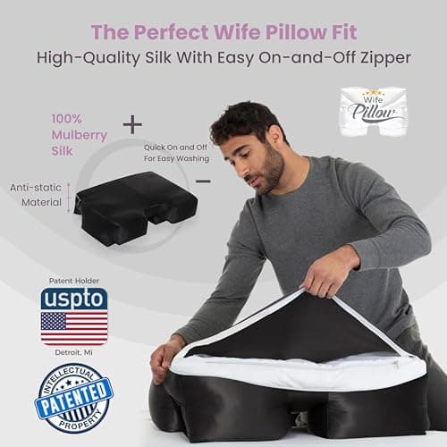 Cover Only Wife Pillow – 50% Mulberry Silk 50% Satin Pillowcase for Beauty Sleep, Hair & Skin Care – Zippered, Anti-Aging, Anti-Frizz, Cooling, Oeko-TEX Certified, Soft & Smooth Cover, Black 6