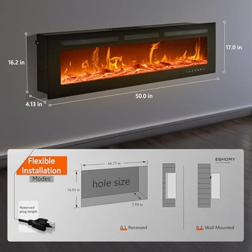 EUHOMY 50 Inch Electric Fireplace Wall Recessed and Wall Mounted with Adjustable Flame Color, Fireplace Heater with Remote Control, Linear Fireplace with Timer, Touch Screen, Log & Crystal, 750/1500W 5