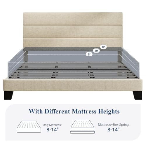 Allewie King Size Platform Bed Frame with Fabric Upholstered Headboard and Wooden Slats Support, Fully Upholstered Mattress Foundation/No Box Spring Needed/Easy Assembly, Beige 7
