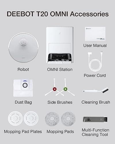 ECOVACS DEEBOT T20 Omni Robot Vacuum and Mop, Hot Water Mop Washing, Self-Emptying, Hot Air Drying, 6000Pa Suction, OZMO Turbo Spinning Mop with Auto Mop Lift, Obstacle Avoidance, YIKO Voice Assistant 10