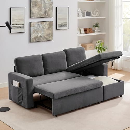 85’’ Sofa Bed, 2 in 1 Sleeper Sofa with Multiple Storage Spaces and Detachable Chenille Cover, Easy to Assemble, Comfy Futon Pull Out Couch for Living Room/Office/Apartment (Grey)