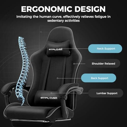 GTPLAYER Gaming Chair, Computer Chair with Footrest and Lumbar Support, Height Adjustable Game Chair with 360°-Swivel Seat and Headrest and for Office or Gaming (Faux Leather, Black) 8