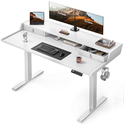 ErGear Electric Standing Desk with Drawers, 55″ x 28″ Gaming Table Compatible Monitor Stand, Stand up Desks, Home Office Height-Adjustable Desk with Storage Shelf, 4 Preset Heights, White