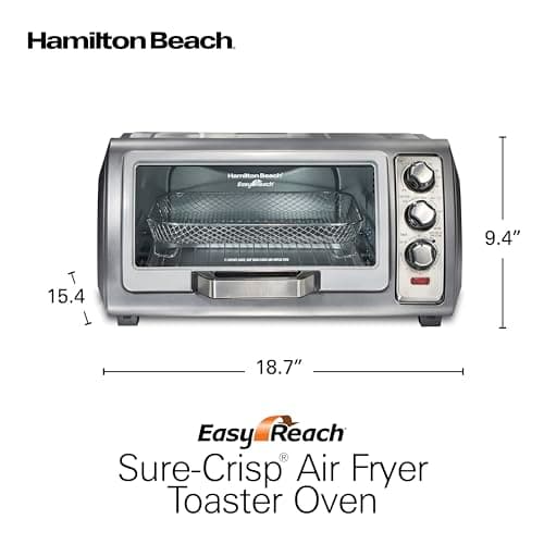 Hamilton Beach Air Fryer Toaster Oven Combo with Large Capacity, Fits 6 Slices or 12” Pizza, 4 Cooking Functions for Convection, Bake, Broil, Roll-Top Door, Easy Reach Sure-Crisp, Stainless Steel 8