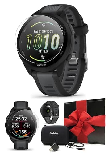 PlayBetter Garmin Forerunner 165 (Black/Slate Gray) Running GPS Smartwatch Gift Box Bundle - AMOLED Touchscreen, 11-Day Battery, Training - Includes Screen Protectors, Wall Adapter & Case