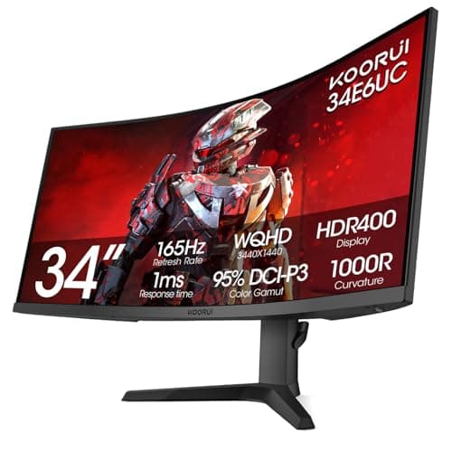 KOORUI 34-inch Ultrawide Curved WQHD 3440×1440 Gaming Monitor, 165Hz 144Hz Curved 1000R- PIP/PBP, 1ms(MPRT) with DisplayHDR 400, FreeSync Premium, 75 * 75mm VESA, HDMI/DisplayPort, 34E6UC