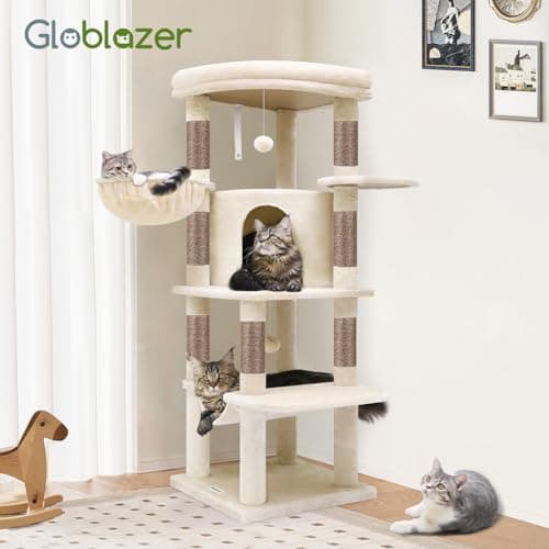 Globlazer Corner Cat Tree, 51in Curved Series Modern Cat Tower for Indoor Cats with Hammock, 7 Sisal Scratching Posts, Large Fan-Shaped Platform for Large Cats, Cat Condo & Hanging Basket, C51, Beige​ 8
