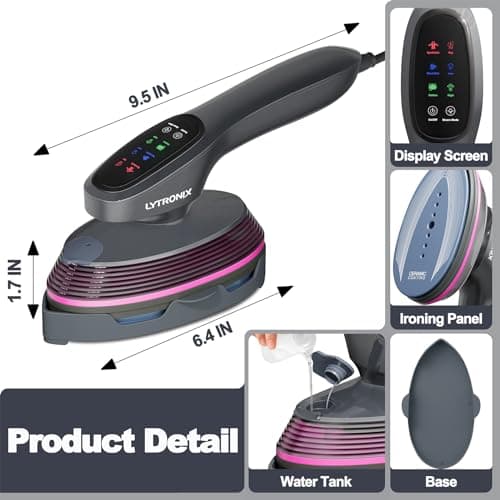 LYTRONIX Handheld Garment Steamer for Clothes, Portable Steamer with 90° Rotatable Ironing Head, Travel Steamer with 2 Steam Modes, Fast Heat-up, Mini Steamer Iron with Smart Display for Home, 1200W 7