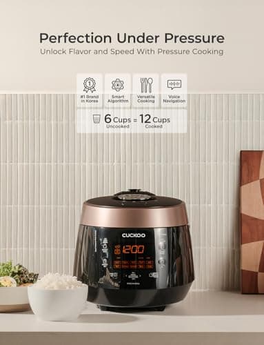 CUCKOO High Pressure Rice Cooker 6-Cup Uncooked / 12-Cup Cooked with Nonstick Inner Pot, Versatile Rice Maker with 12 Menu Options and Steam Plate, Fuzzy Logic Tech, Voice Guide, Black (CRP-P0609S) 3