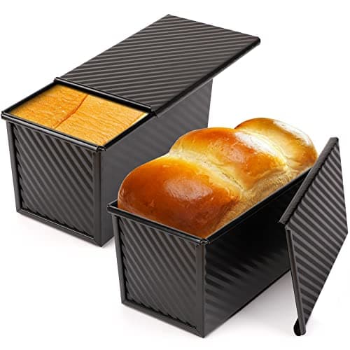 Beasea Pullman Loaf Pan with Lid, 2 Pack 1 lb Non-Stick Black Bread Loaf Pans for Homemade Bread Carbon Steel Toast Box with Cover for Bakeware Toast Oven Baking