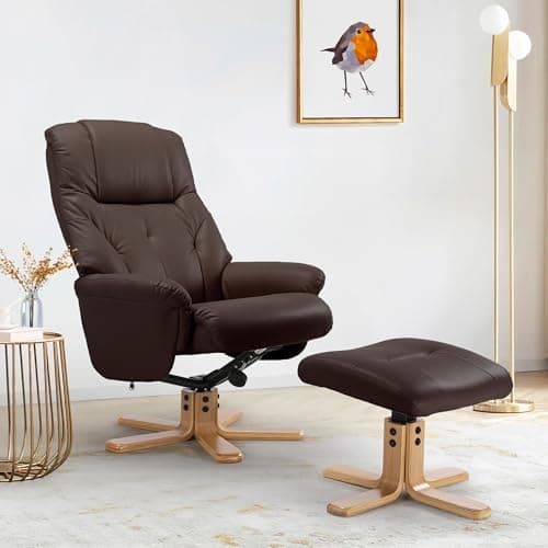 Susalt Swivel Recliner Chair with Ottoman, Stylish Faux Leather Recliner Chairs for Adults, 360° Swivel Reclining Chair for Living Room, Study, RV Recliners, Ottoman Chair, Dark Brown