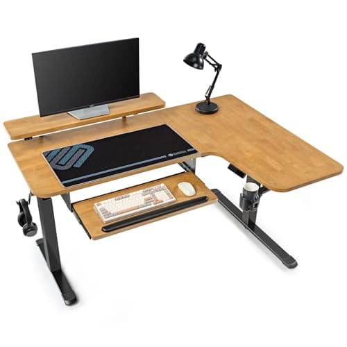 EUREKA ERGONOMIC L Shaped Standing Desk w Solid Wood Tabletop,61" Electric Corner Computer Desk, Adjustable Height Desk w Keyboard Tray,Dual Motor,LED Monitor Stand,Right/Oak